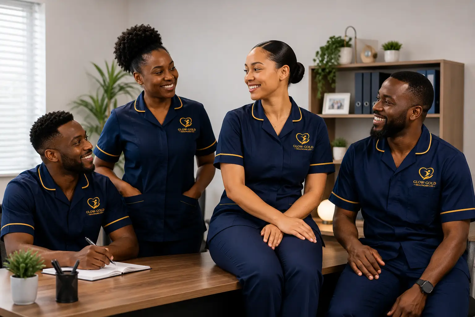 Four care workers in navy uniforms smiling and talking together in an office