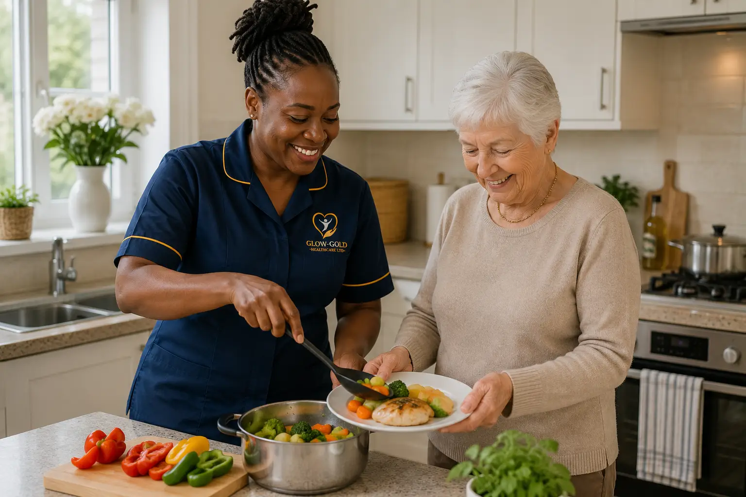 A carer and an older woman sharing a freshly cooked meal in a bright kitchen