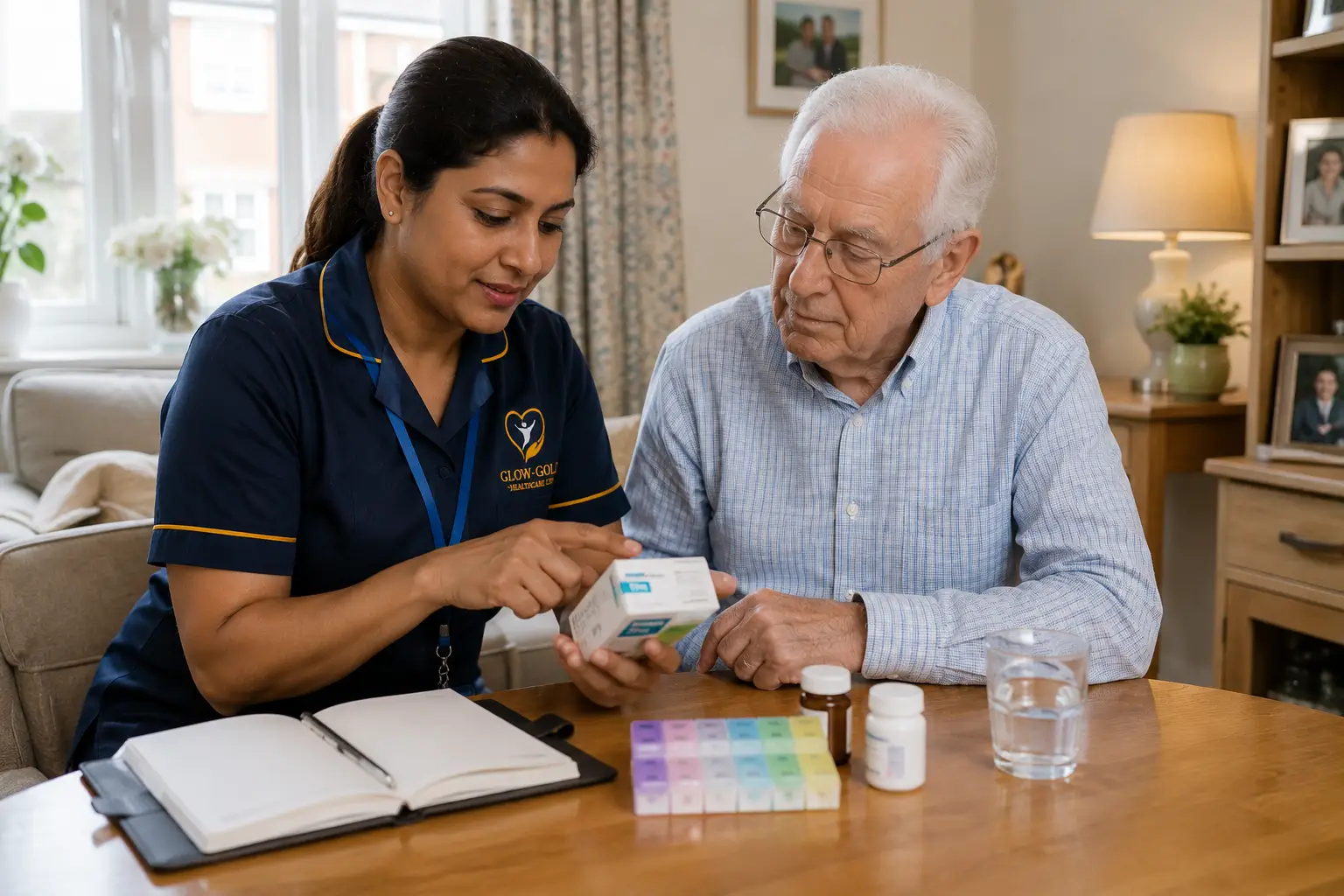 A carer going through medicines and a care notebook with an older man at his table