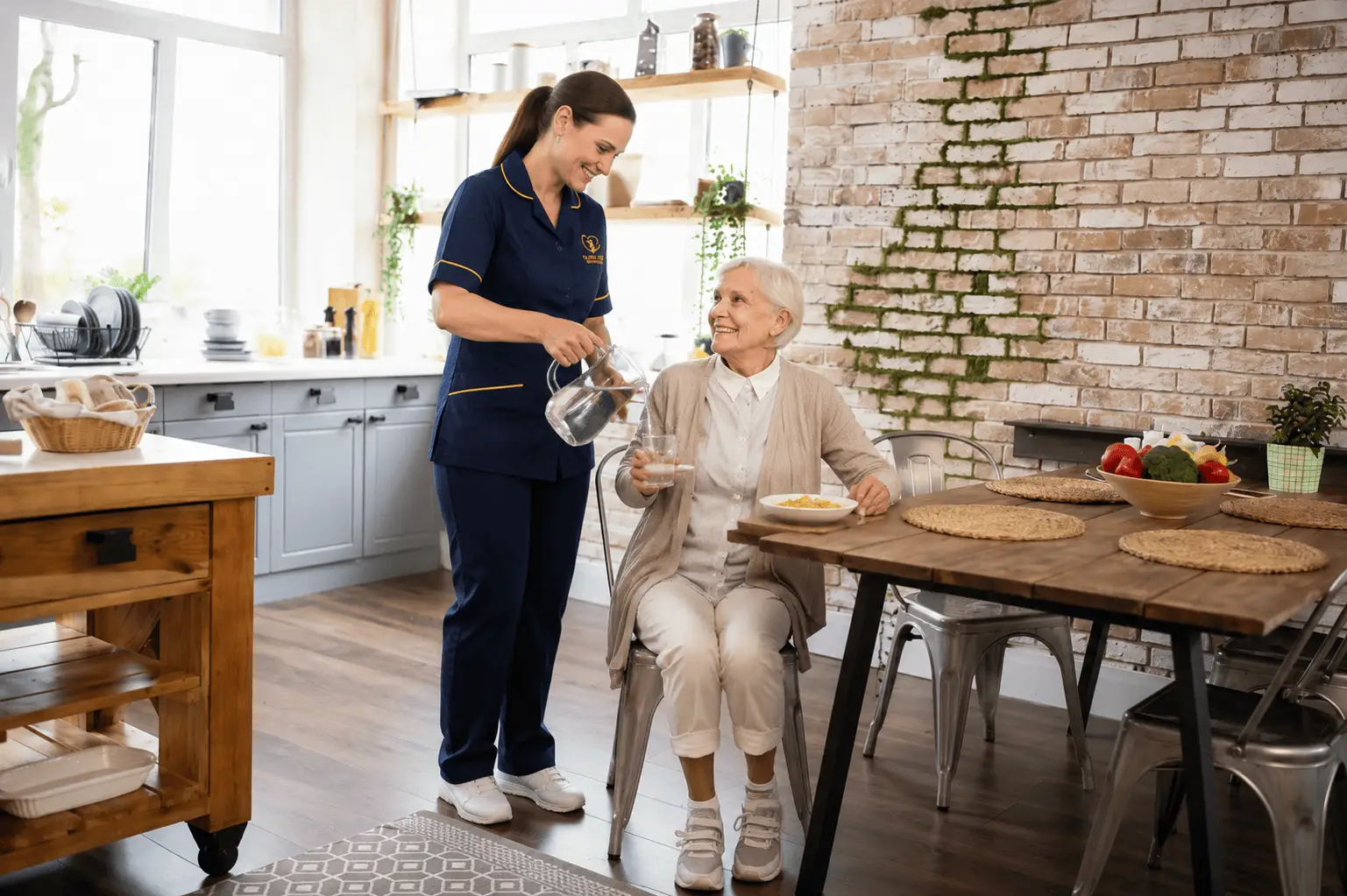 A carer pouring a glass of water for an older woman at her kitchen table