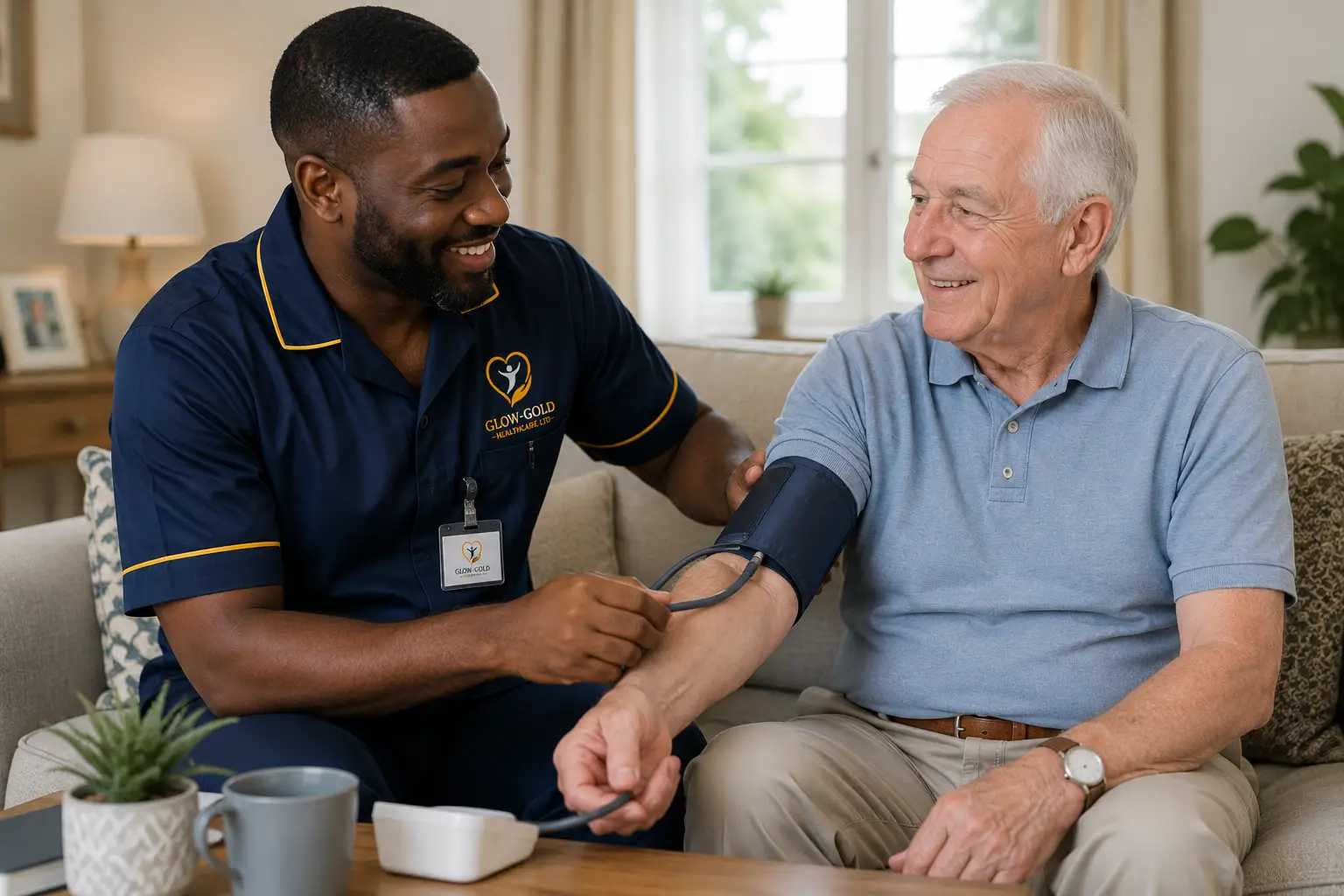 A carer taking an older man's blood pressure at home