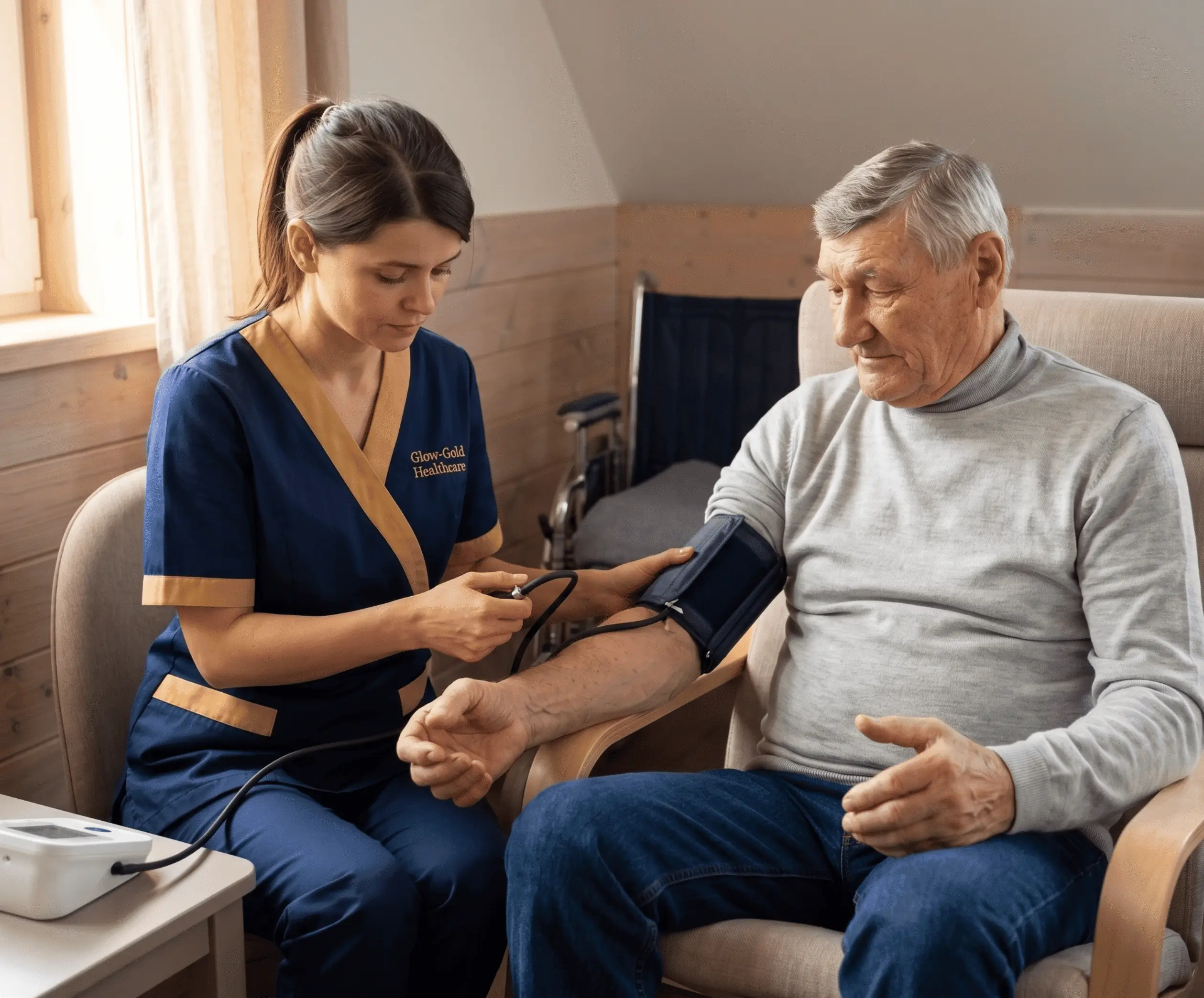 A carer checking an older man's blood pressure during a home visit