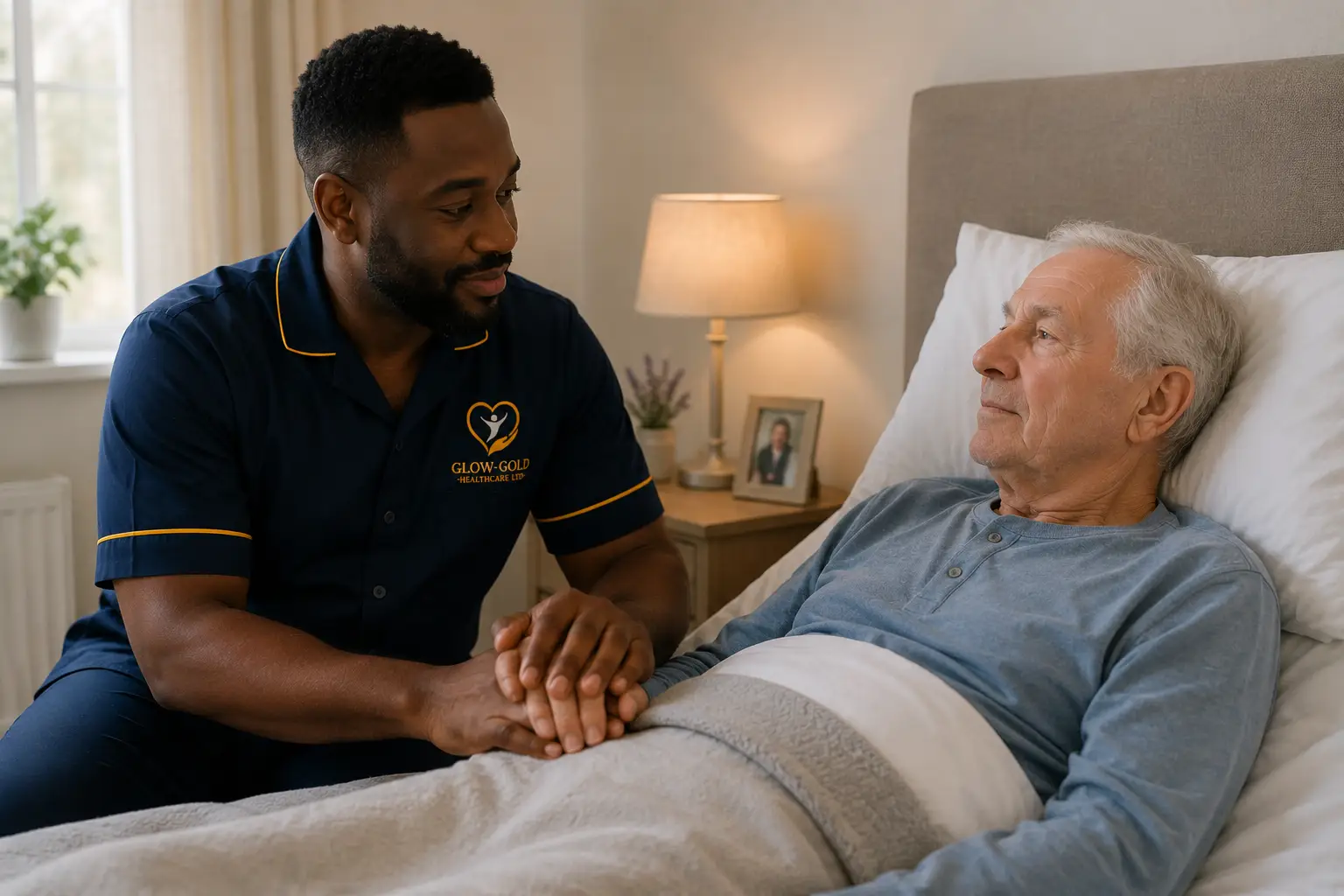 A carer gently holding the hand of an older man resting in bed
