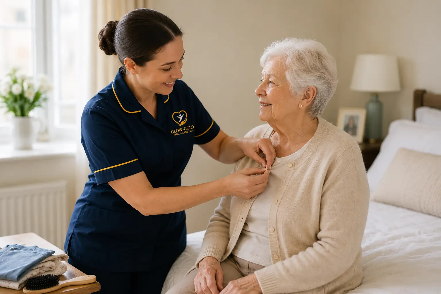 A carer helping an older woman with her cardigan in her bedroom