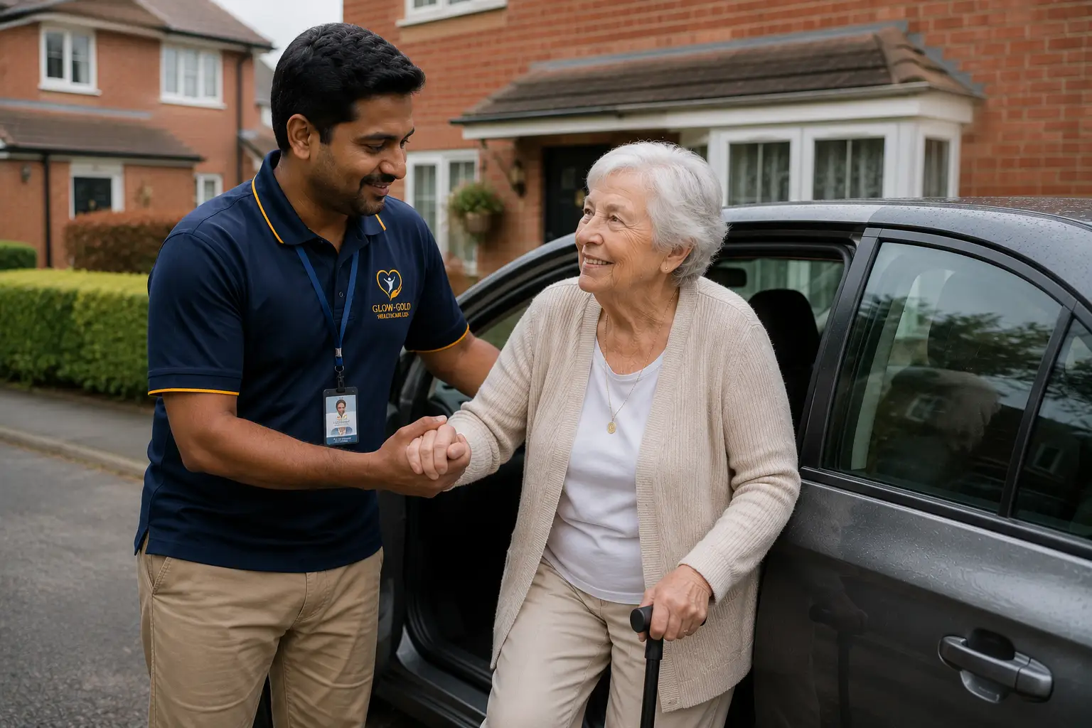 A carer steadying an older woman with a walking stick as she steps out of a car
