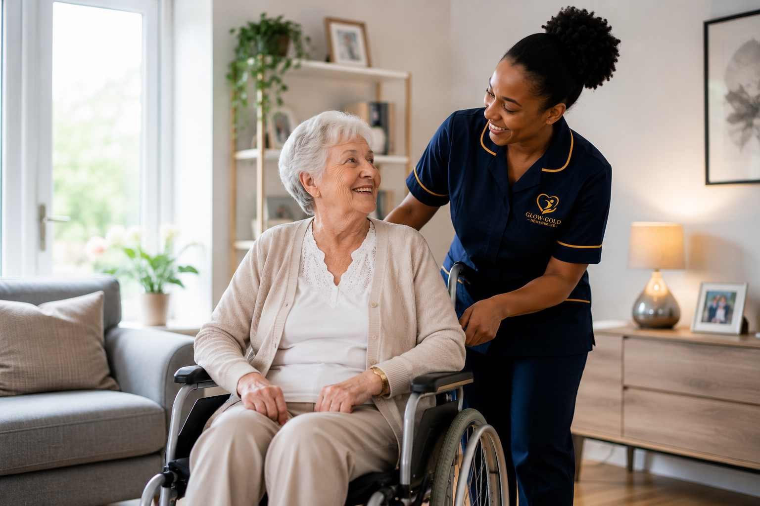 glow-gold healthcare - a carer assisting a wheelchair-bound user